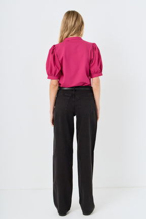 ENGLISH FACTORY - Mixed Media Puff Sleeve Top - TOPS available at Objectrare