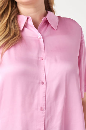 ENGLISH FACTORY - Plus Size Satin Short Sleeve Shirt - SHIRTS & BLOUSES available at Objectrare