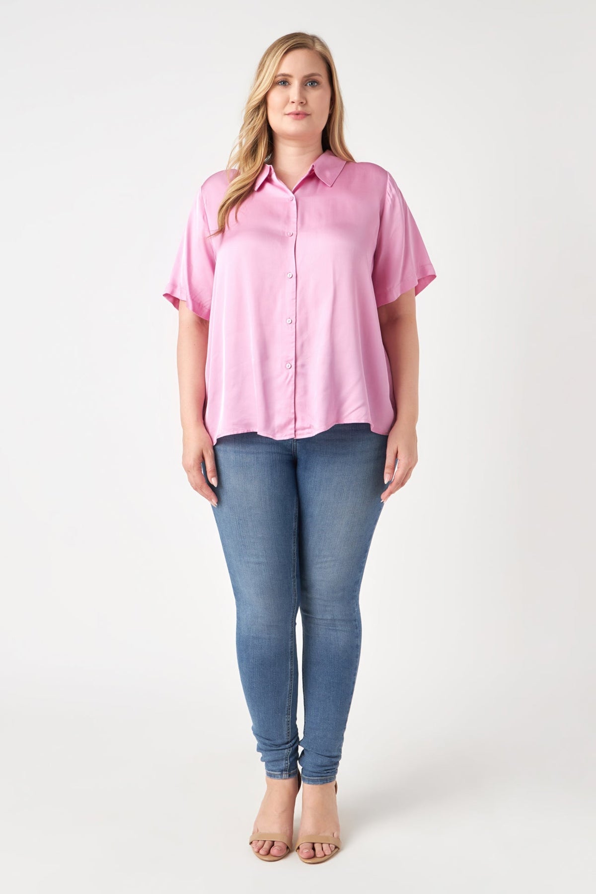 ENGLISH FACTORY - Plus Size Satin Short Sleeve Shirt - SHIRTS & BLOUSES available at Objectrare