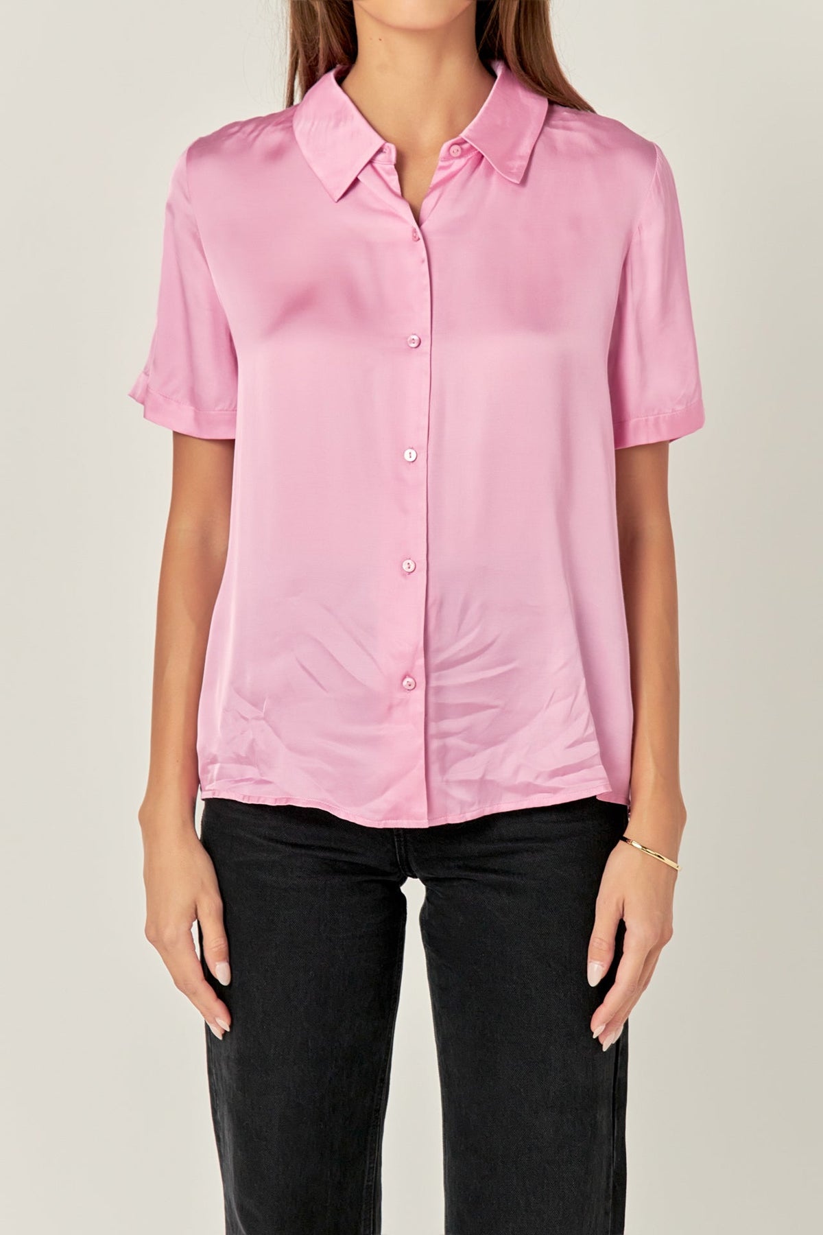 ENGLISH FACTORY - Satin Short Sleeve Shirt - BLOUSES available at Objectrare