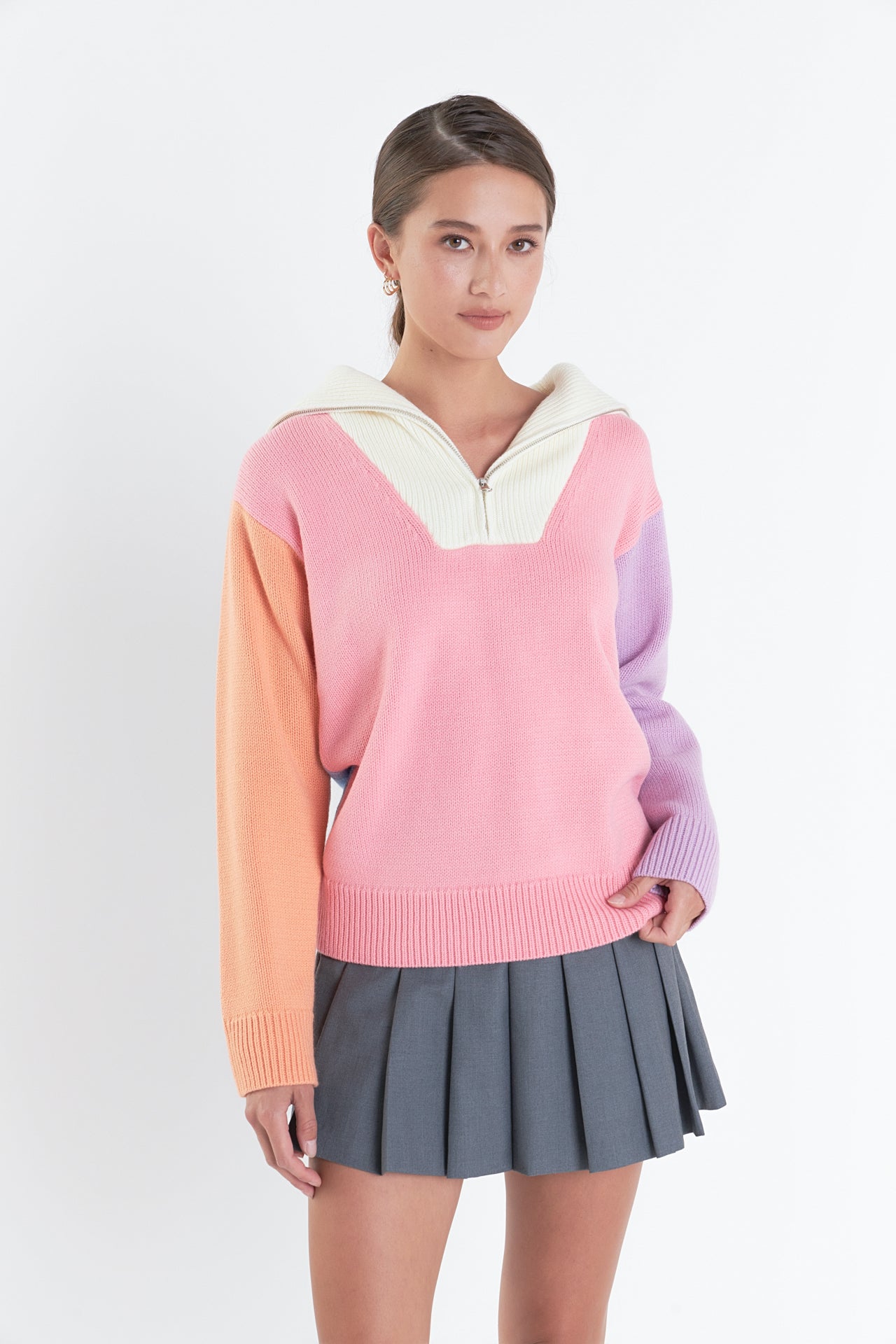 ENGLISH FACTORY - Colorblock Zip Pullover Sweater - SWEATERS & KNITS available at Objectrare