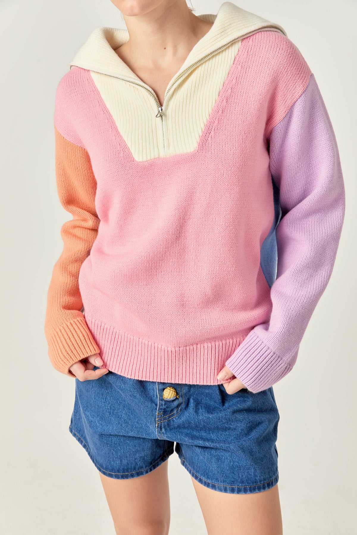 ENGLISH FACTORY - Colorblock Zip Pullover Sweater - SWEATERS & KNITS available at Objectrare