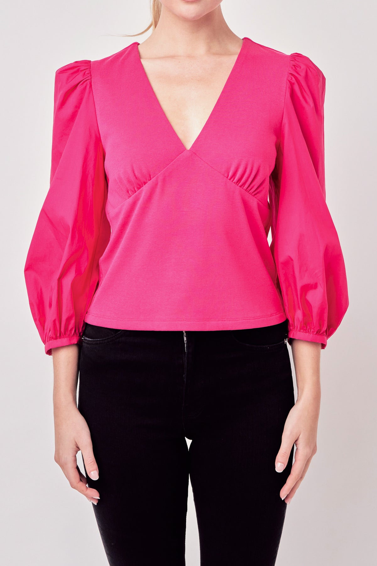 ENGLISH FACTORY - Puff Sleeve Mixed Media Top - TOPS available at Objectrare