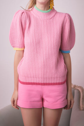 ENGLISH FACTORY - Color Contrast Puff Sleeve Sweater - SWEATERS & KNITS available at Objectrare