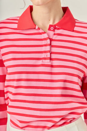 Stripe Long Sleeve Collared Knit Top