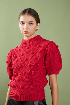 English Factory - Pom Pom Puff Sleeve Sweater