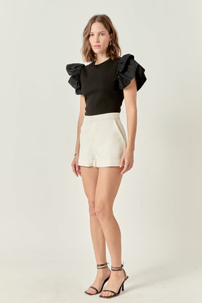 ENGLISH FACTORY - Mixed Media Ruffled Knit Top - TOPS available at Objectrare
