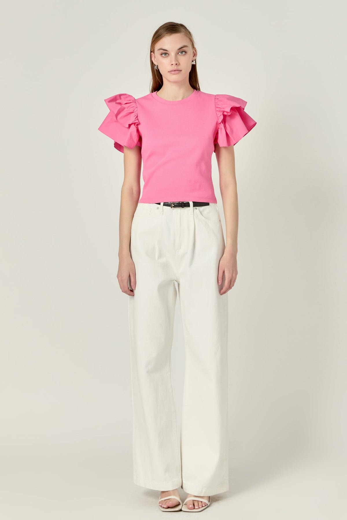 ENGLISH FACTORY - Mixed Media Ruffled Knit Top - TOPS available at Objectrare