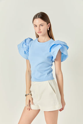 ENGLISH FACTORY - Mixed Media Ruffled Knit Top - TOPS available at Objectrare