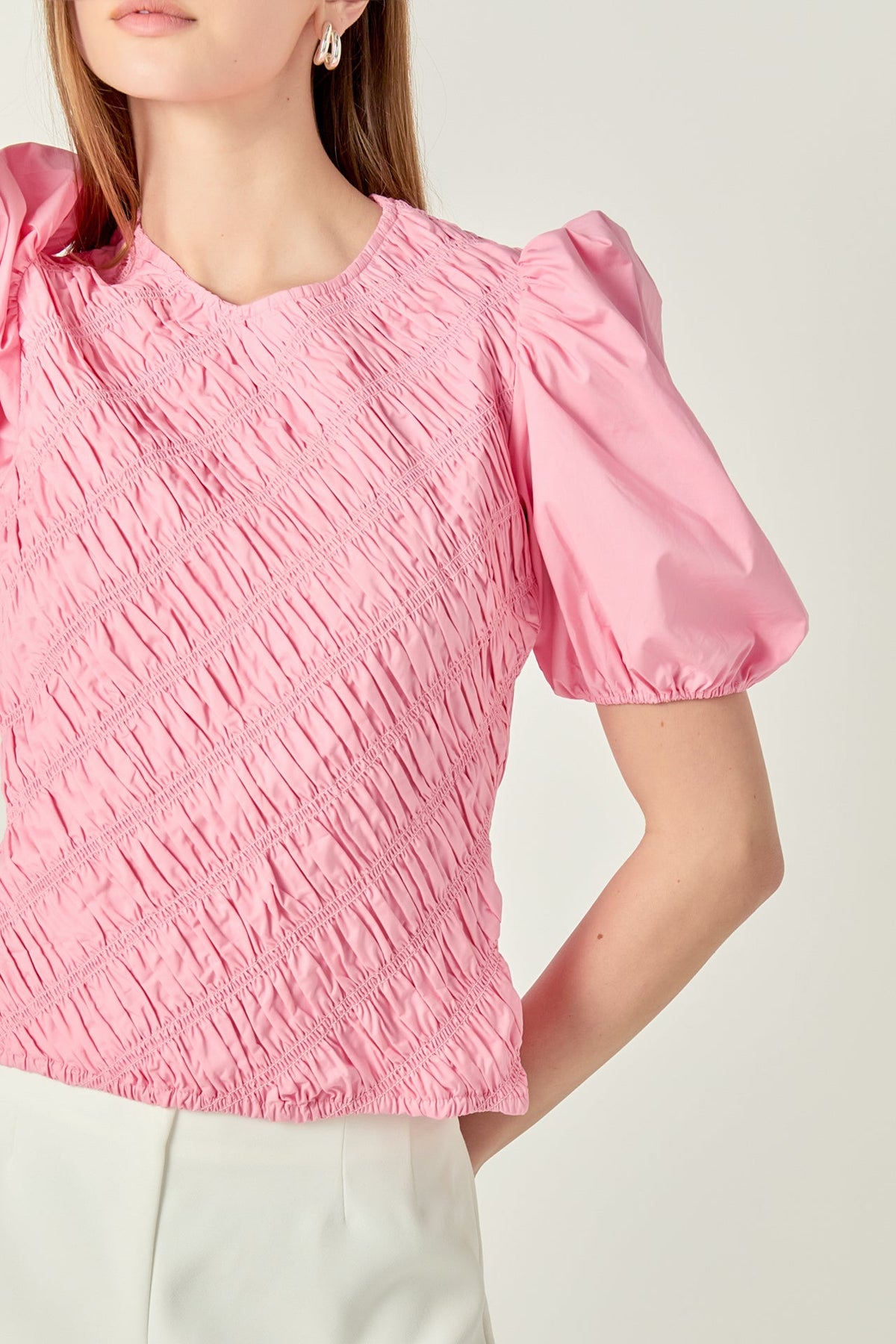 ENGLISH FACTORY - Asymmetrical Smocked Puff Sleeve Top - TOPS available at Objectrare