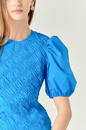 ENGLISH FACTORY - Asymmetrical Smocked Puff Sleeve Top - TOPS available at Objectrare