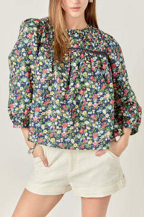 ENGLISH FACTORY - Floral Print Pintuck Detail Top - TOPS available at Objectrare