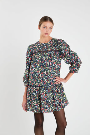 Floral Print Pintuck Mini Dress