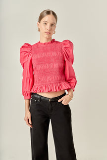 ENGLISH FACTORY - Smocking Detail Puff Sleeve Poplin Blouse - TOPS available at Objectrare