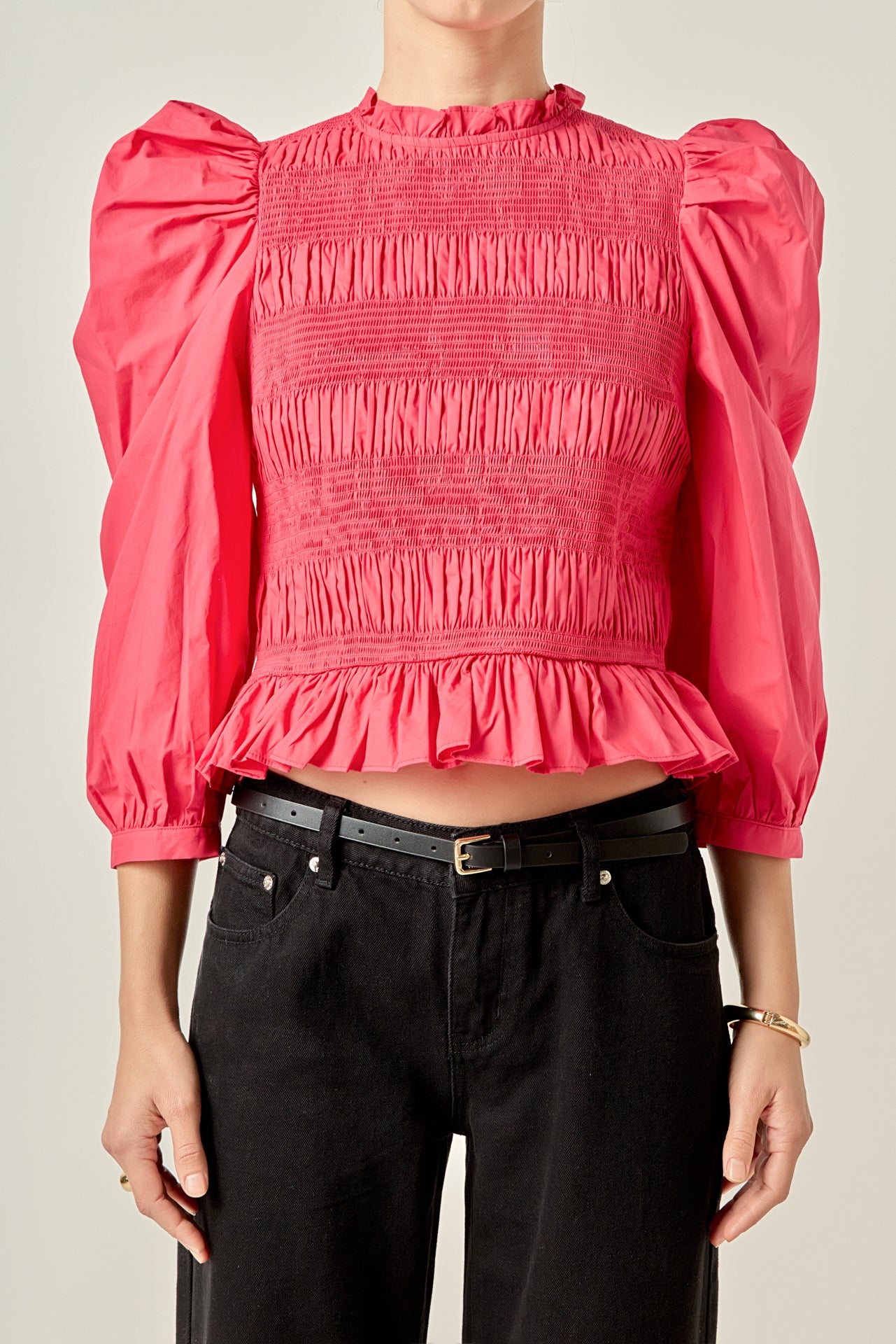 ENGLISH FACTORY - Smocking Detail Puff Sleeve Poplin Blouse - TOPS available at Objectrare