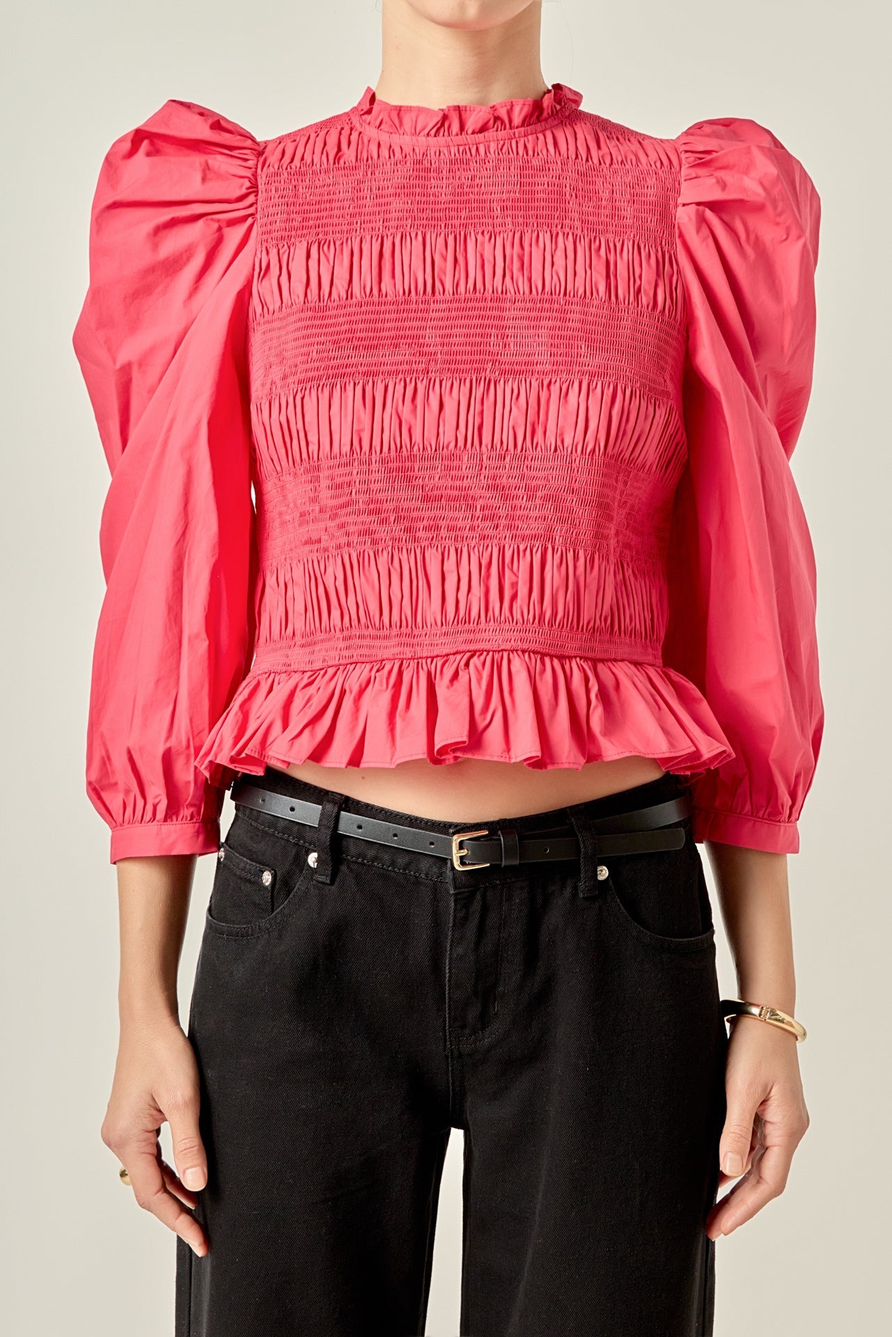 ENGLISH FACTORY - Smocking Detail Puff Sleeve Poplin Blouse - TOPS available at Objectrare