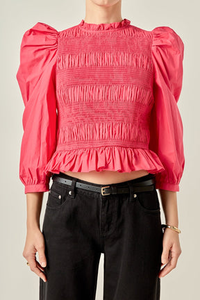 ENGLISH FACTORY - Smocking Detail Puff Sleeve Poplin Blouse - TOPS available at Objectrare