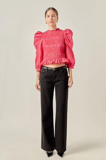 ENGLISH FACTORY - Smocking Detail Puff Sleeve Poplin Blouse - TOPS available at Objectrare