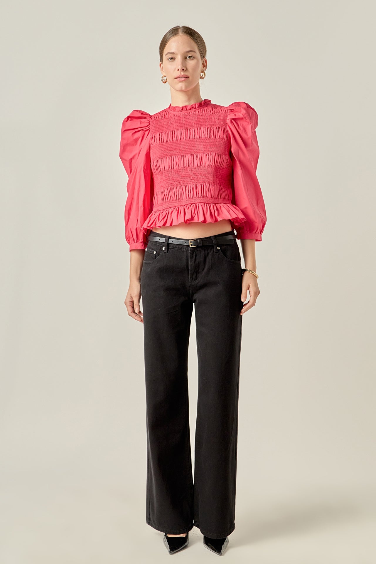 ENGLISH FACTORY - Smocking Detail Puff Sleeve Poplin Blouse - TOPS available at Objectrare
