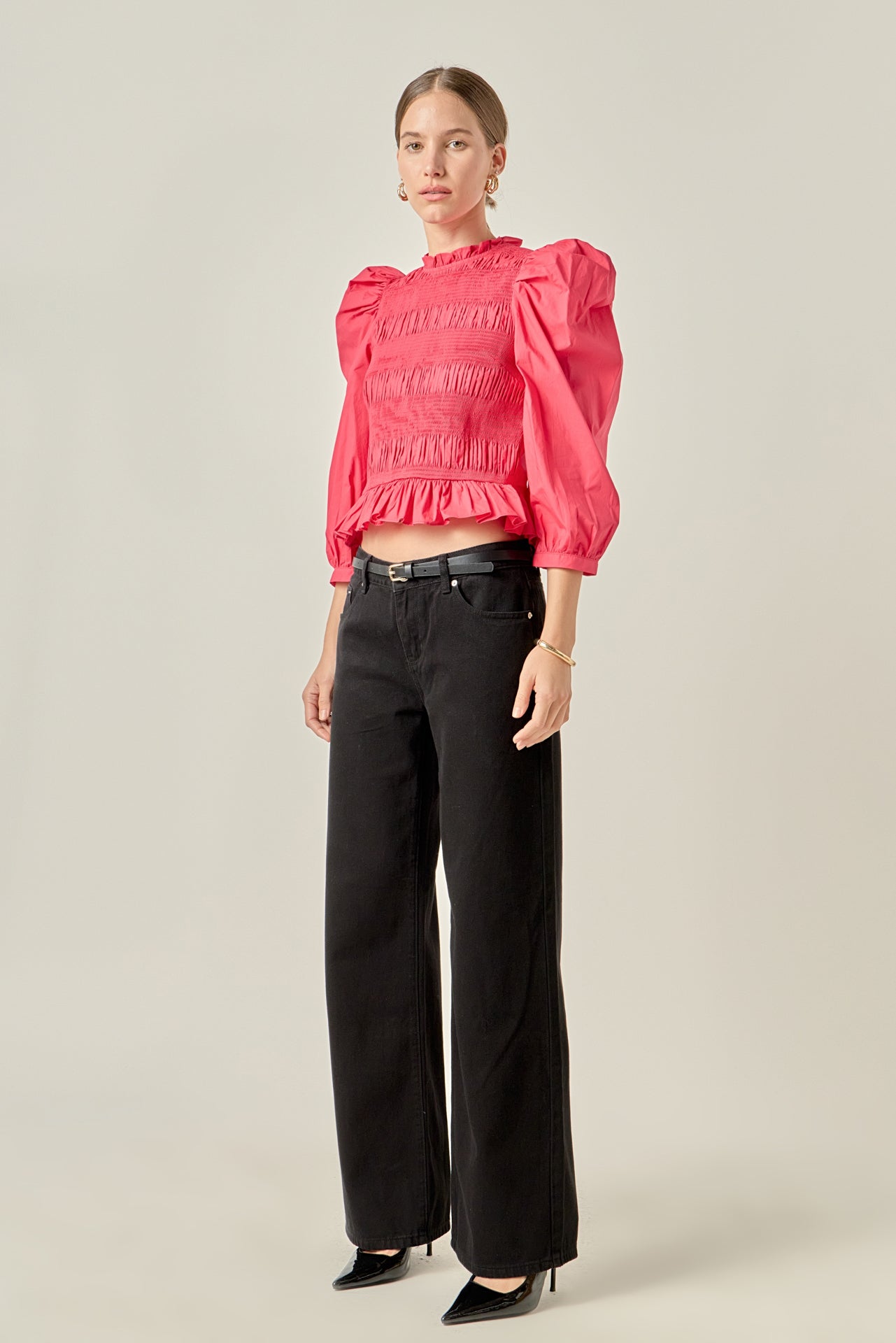 ENGLISH FACTORY - Smocking Detail Puff Sleeve Poplin Blouse - TOPS available at Objectrare