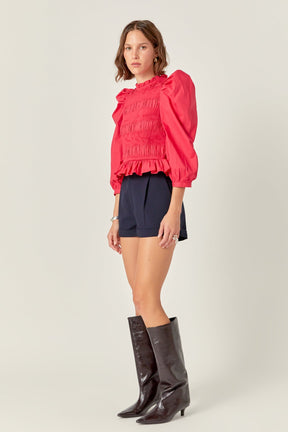 ENGLISH FACTORY - Smocking Detail Puff Sleeve Poplin Blouse - TOPS available at Objectrare