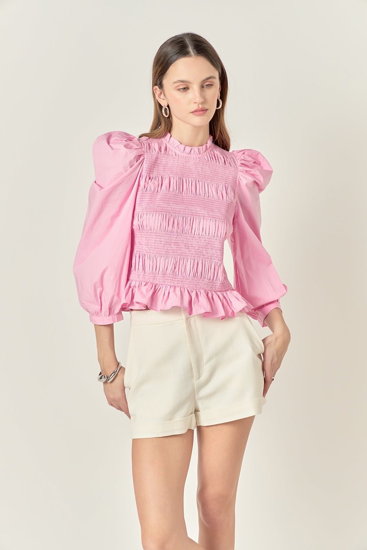 ENGLISH FACTORY - Smocking Detail Puff Sleeve Poplin Blouse - TOPS available at Objectrare