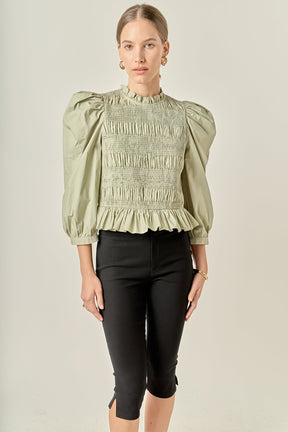 ENGLISH FACTORY - Smocking Detail Puff Sleeve Poplin Blouse - TOPS available at Objectrare