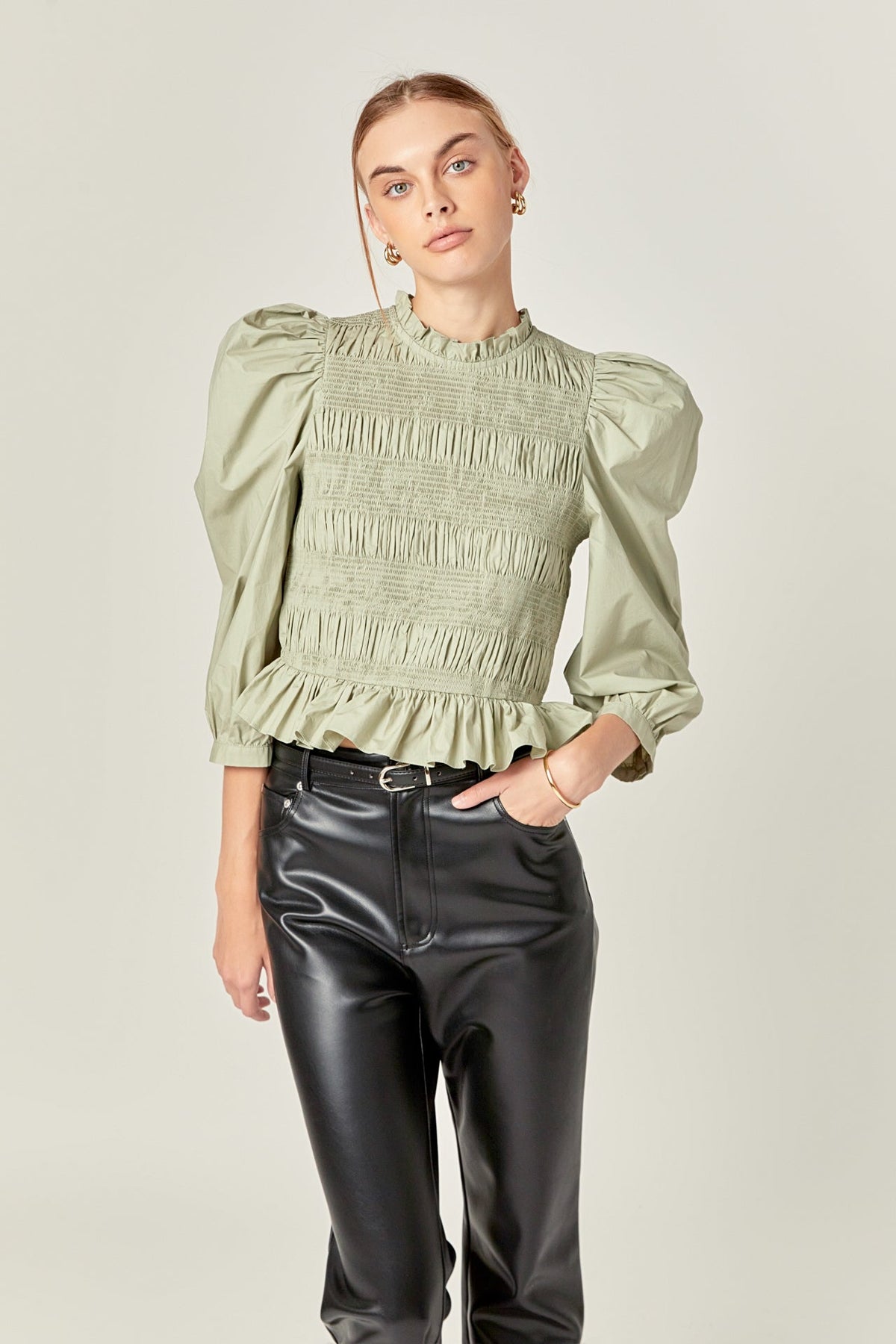 ENGLISH FACTORY - Smocking Detail Puff Sleeve Poplin Blouse - TOPS available at Objectrare