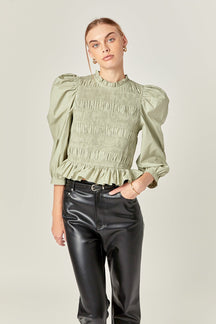 ENGLISH FACTORY - Smocking Detail Puff Sleeve Poplin Blouse - TOPS available at Objectrare