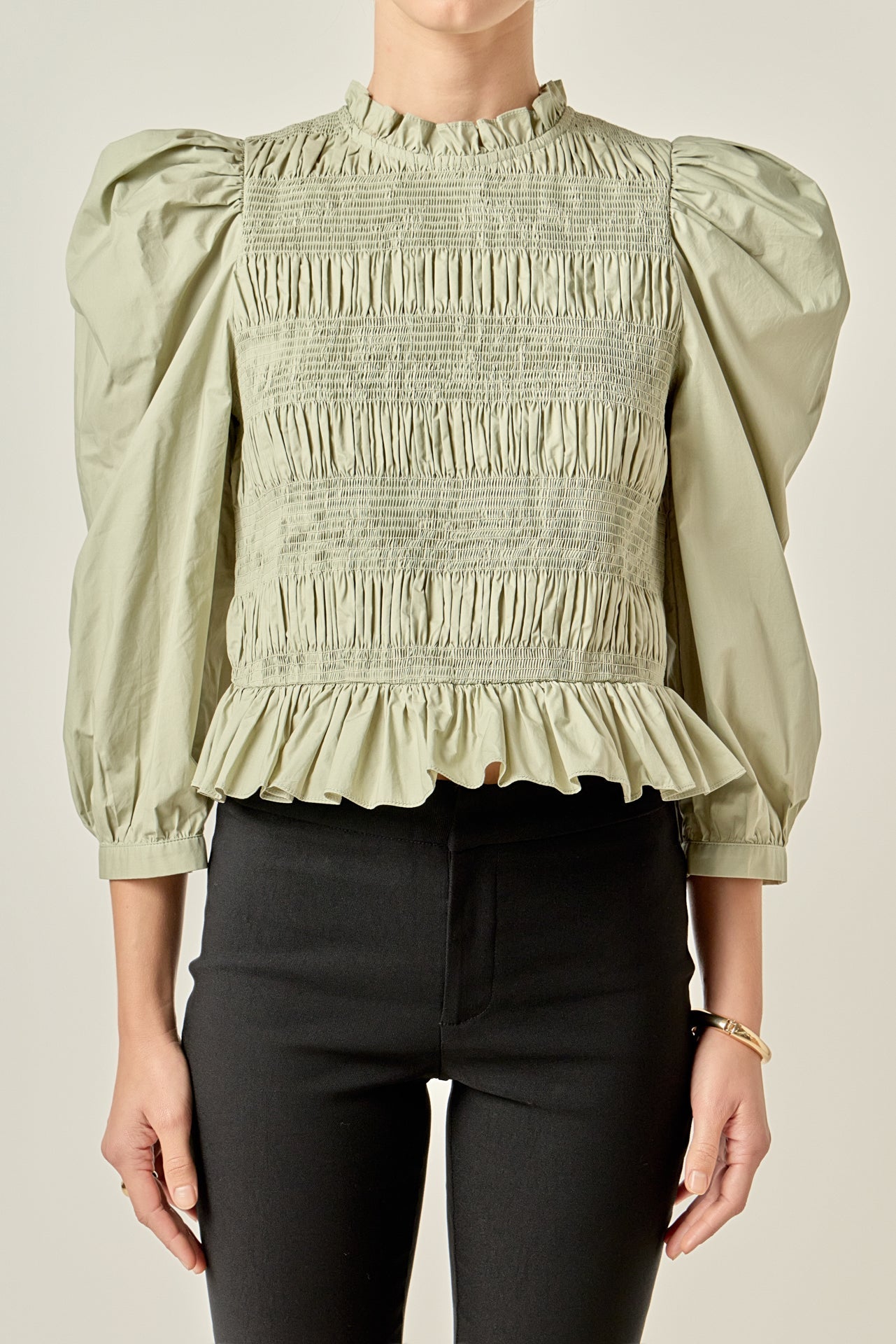 ENGLISH FACTORY - Smocking Detail Puff Sleeve Poplin Blouse - TOPS available at Objectrare