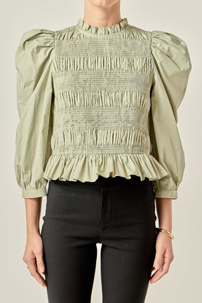 ENGLISH FACTORY - Smocking Detail Puff Sleeve Poplin Blouse - TOPS available at Objectrare