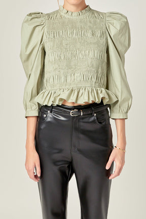 ENGLISH FACTORY - Smocking Detail Puff Sleeve Poplin Blouse - TOPS available at Objectrare