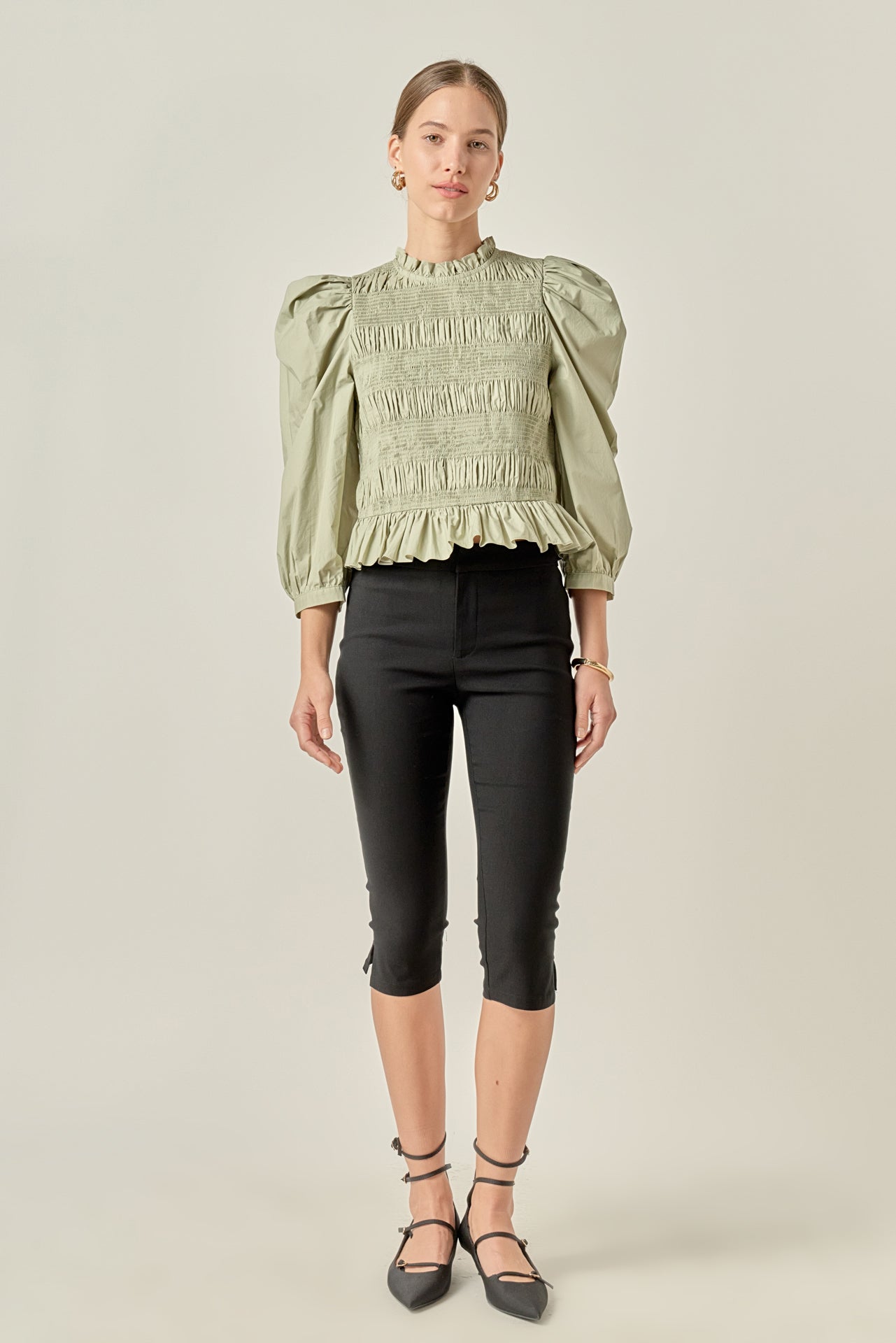 ENGLISH FACTORY - Smocking Detail Puff Sleeve Poplin Blouse - TOPS available at Objectrare
