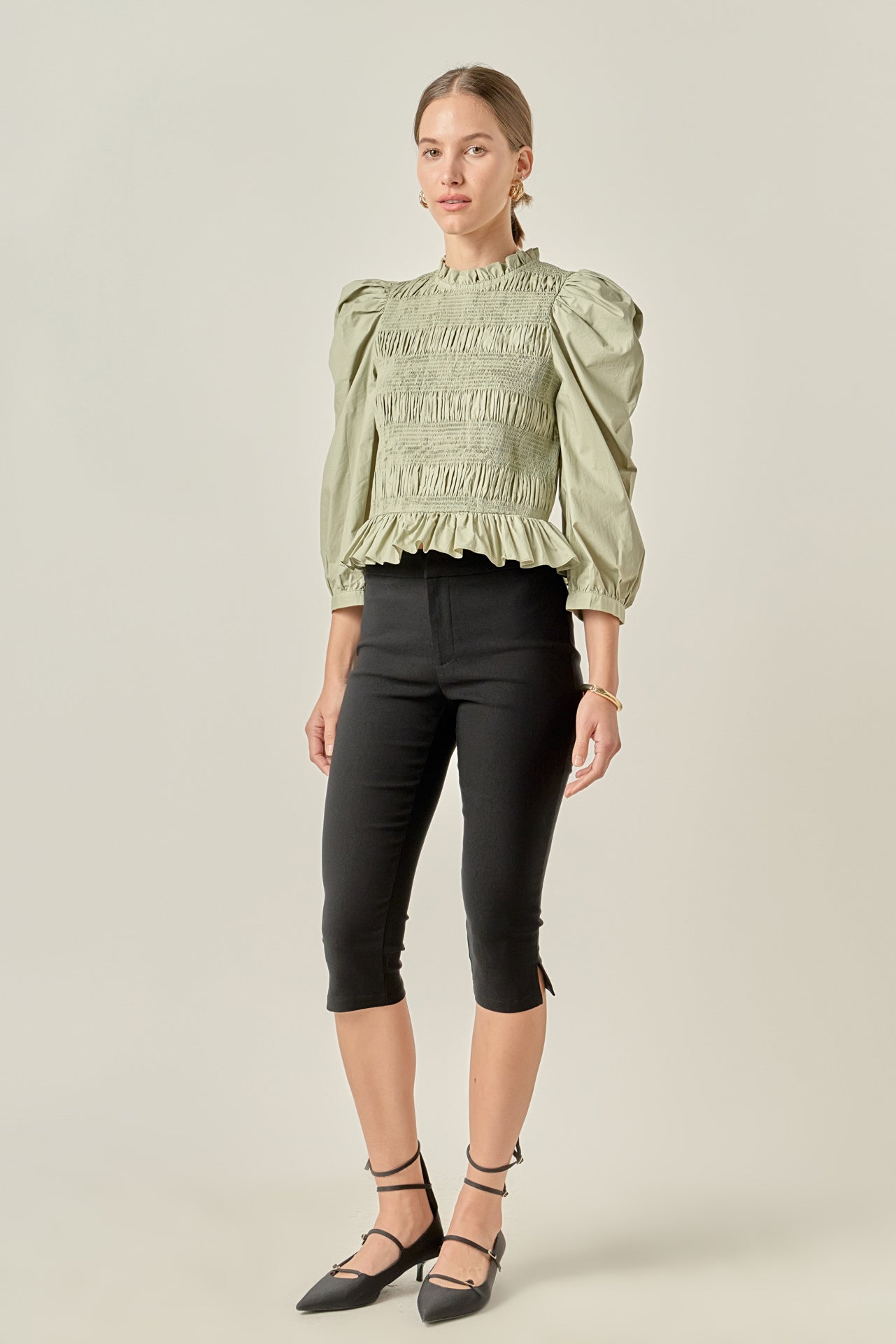 ENGLISH FACTORY - Smocking Detail Puff Sleeve Poplin Blouse - TOPS available at Objectrare