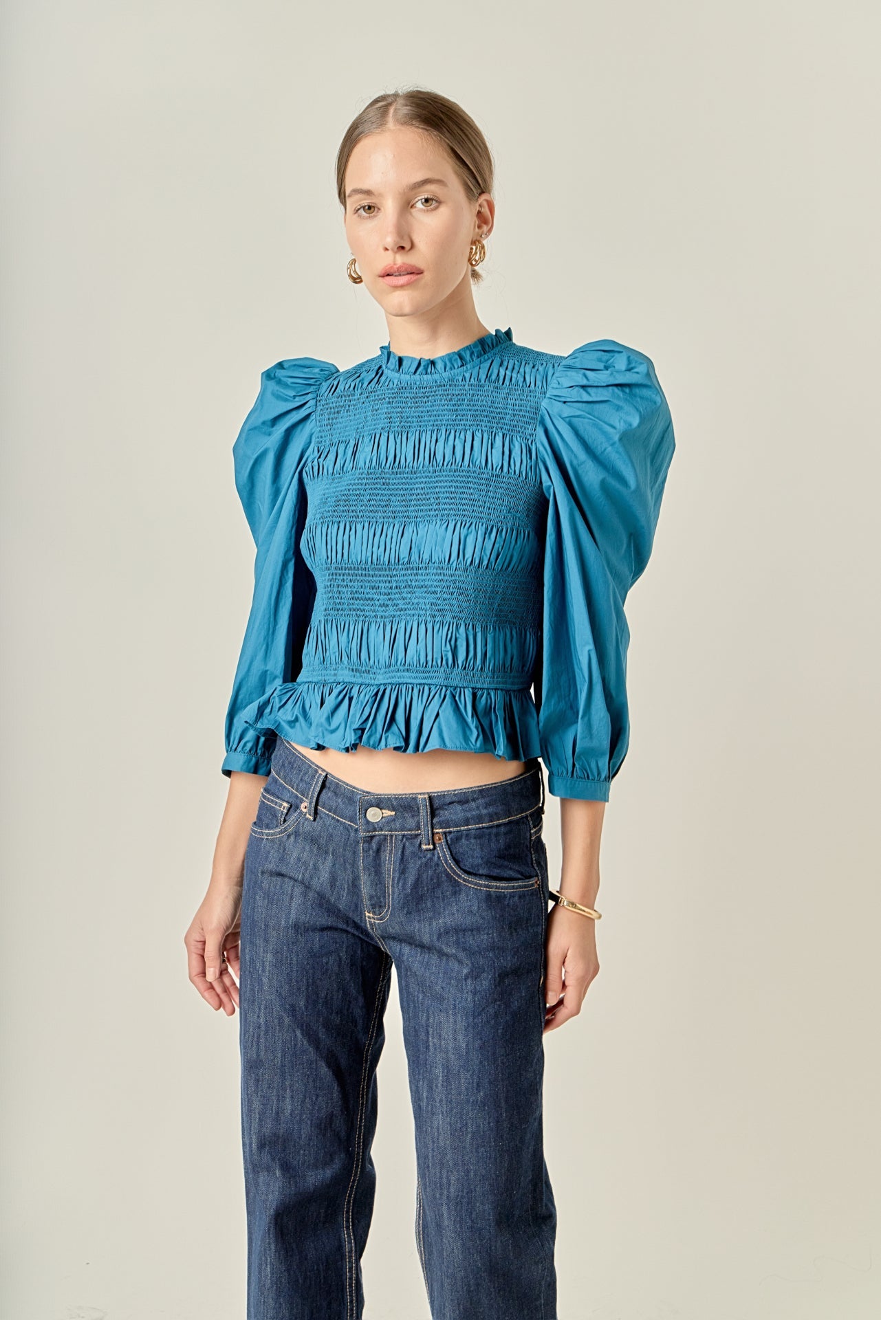 ENGLISH FACTORY - Smocking Detail Puff Sleeve Poplin Blouse - TOPS available at Objectrare