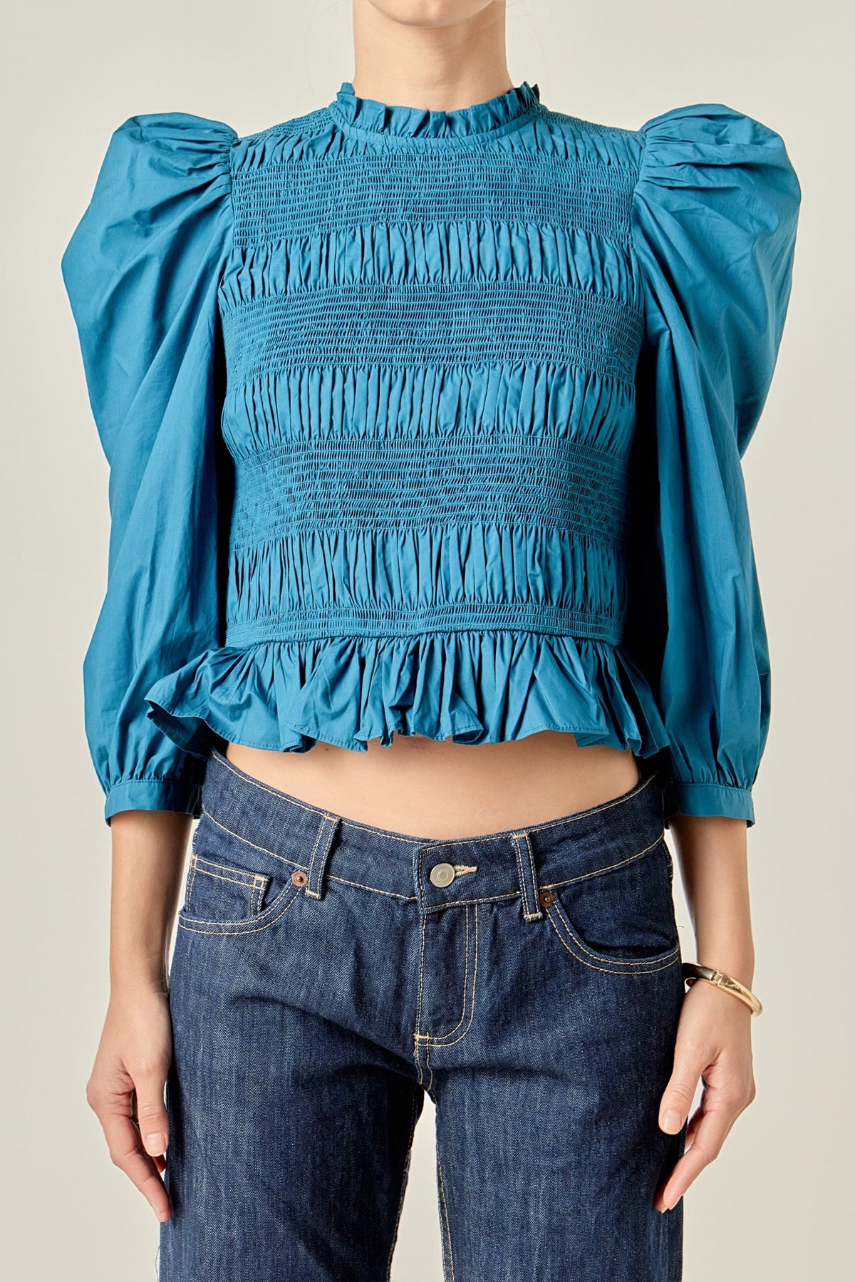 ENGLISH FACTORY - Smocking Detail Puff Sleeve Poplin Blouse - TOPS available at Objectrare