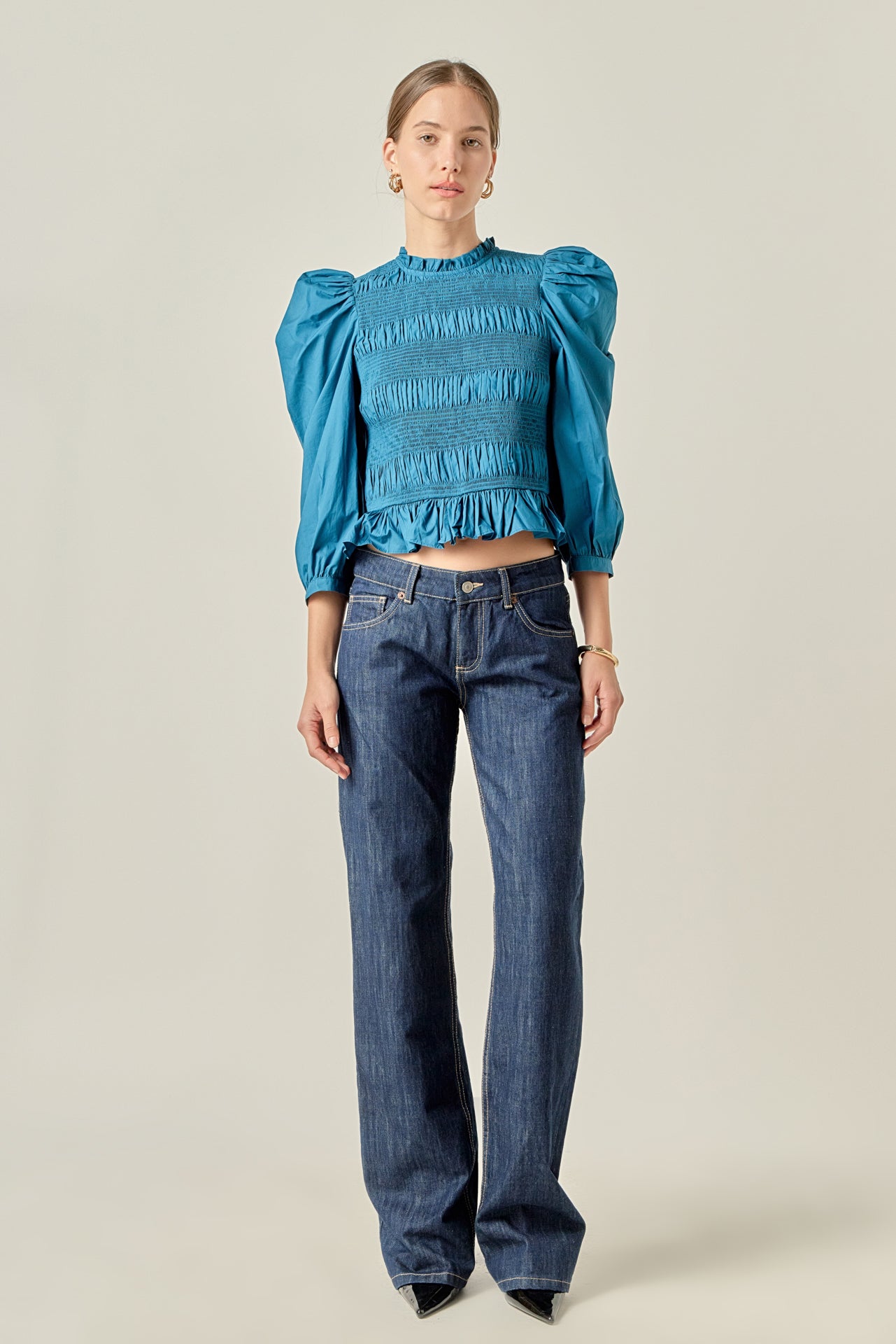 ENGLISH FACTORY - Smocking Detail Puff Sleeve Poplin Blouse - TOPS available at Objectrare