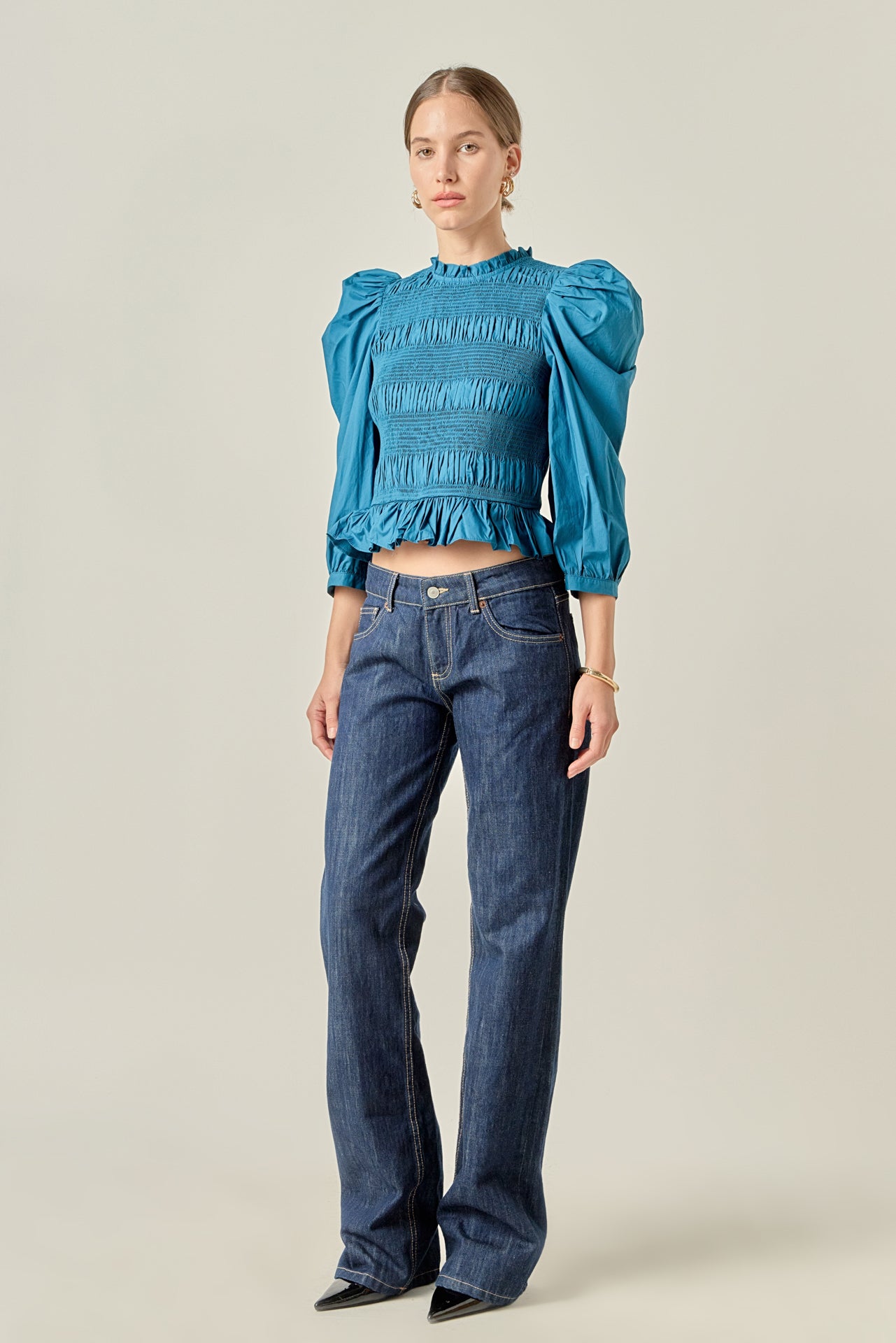 ENGLISH FACTORY - Smocking Detail Puff Sleeve Poplin Blouse - TOPS available at Objectrare