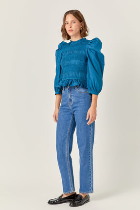 ENGLISH FACTORY - Smocking Detail Puff Sleeve Poplin Blouse - TOPS available at Objectrare