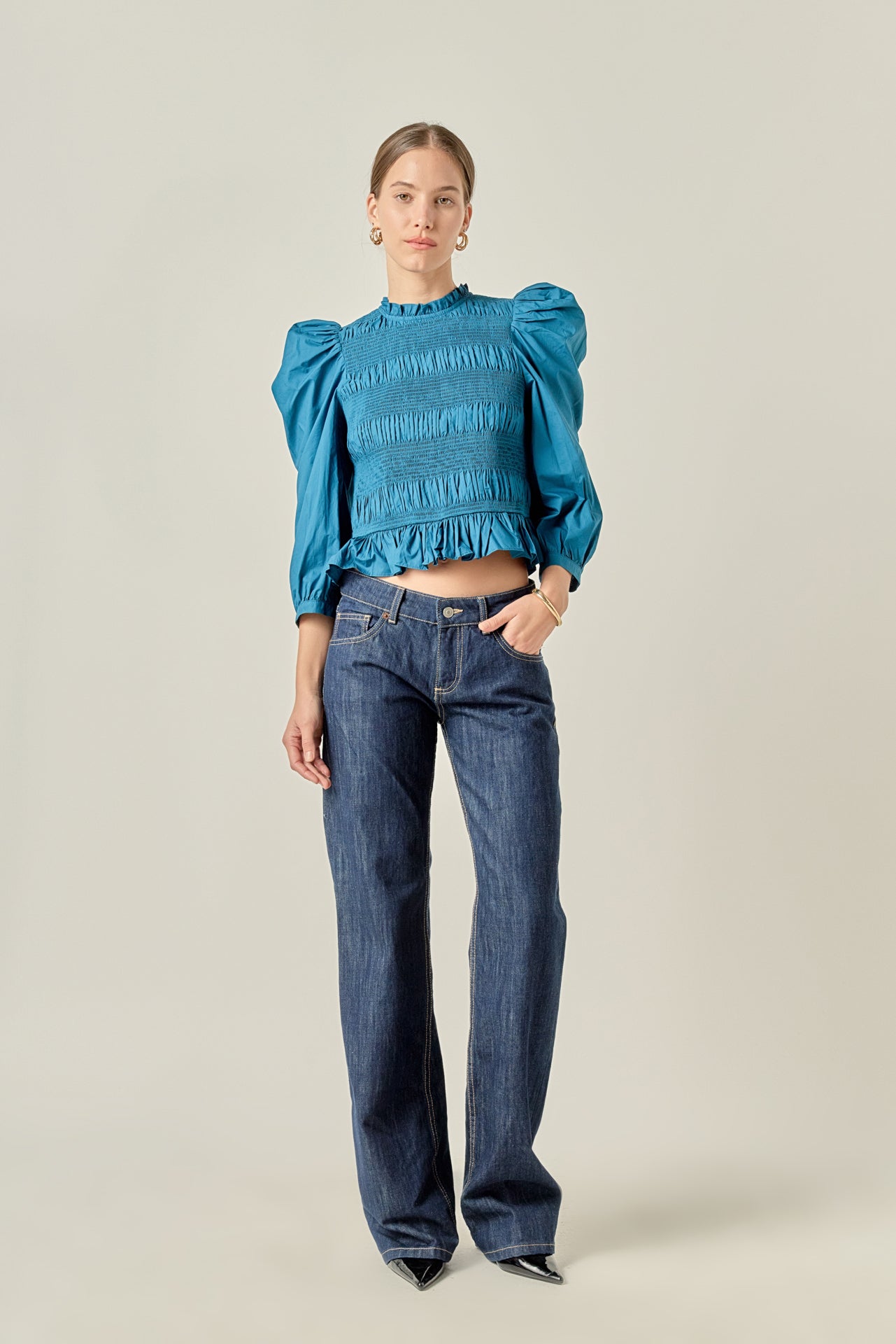 ENGLISH FACTORY - Smocking Detail Puff Sleeve Poplin Blouse - TOPS available at Objectrare