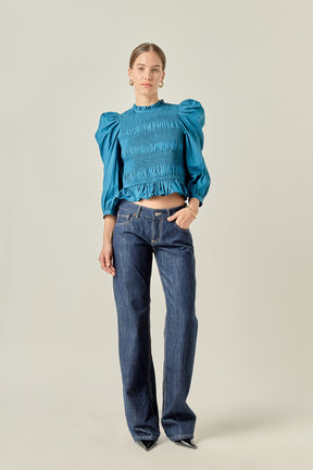 ENGLISH FACTORY - Smocking Detail Puff Sleeve Poplin Blouse - TOPS available at Objectrare