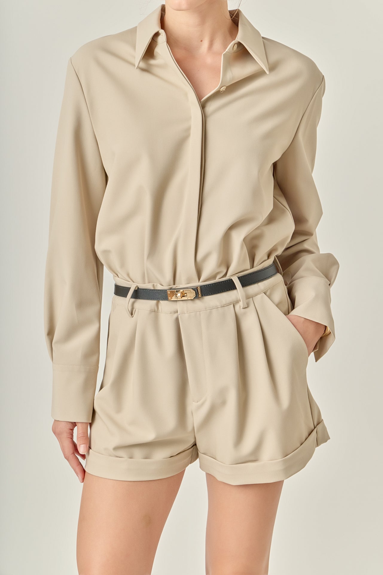 ENGLISH FACTORY - Long Sleeve Collared Romper - ROMPERS available at Objectrare