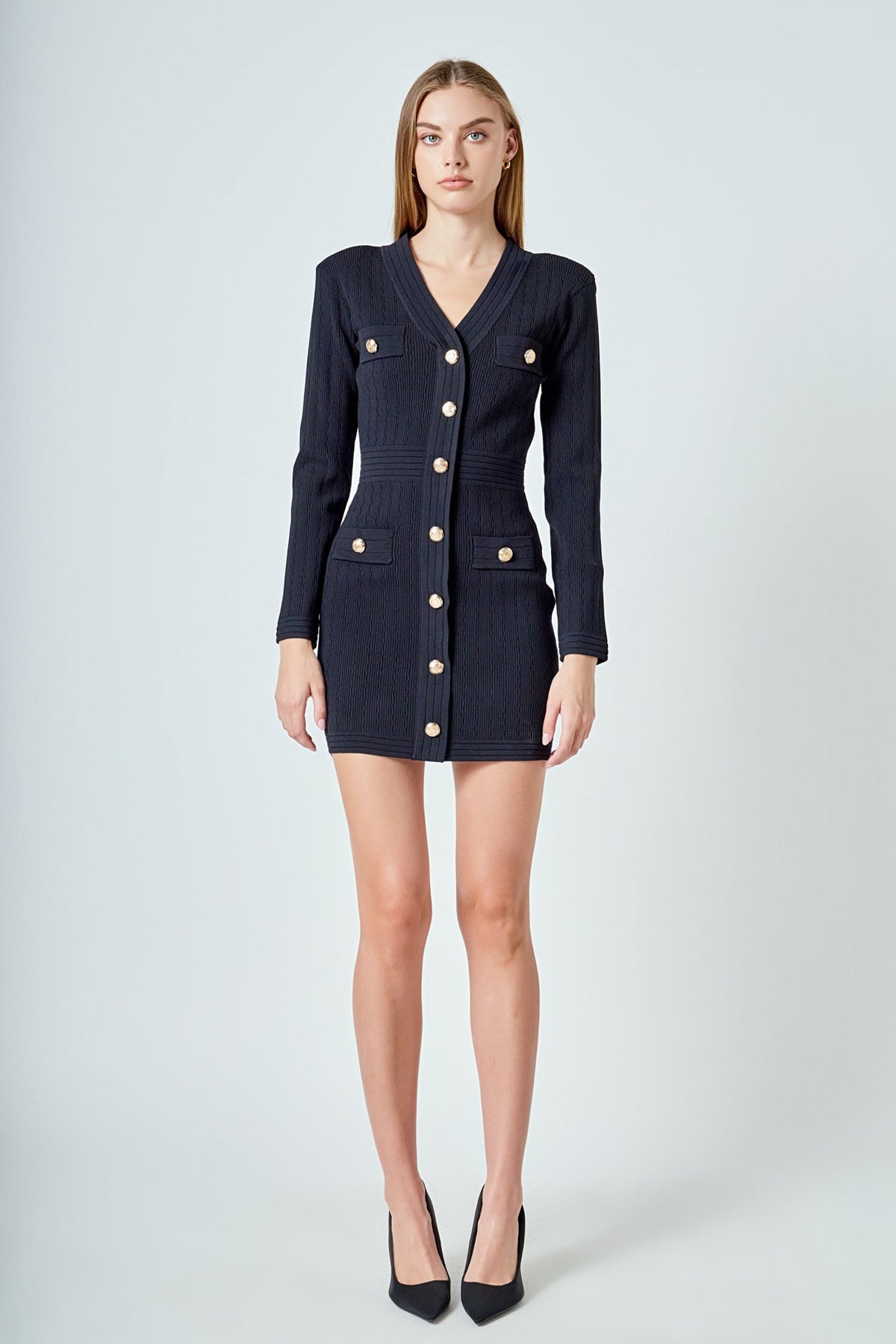 ENDLESS ROSE - V-neck Long Sleeve Knit Mini Dress - DRESSES available at Objectrare