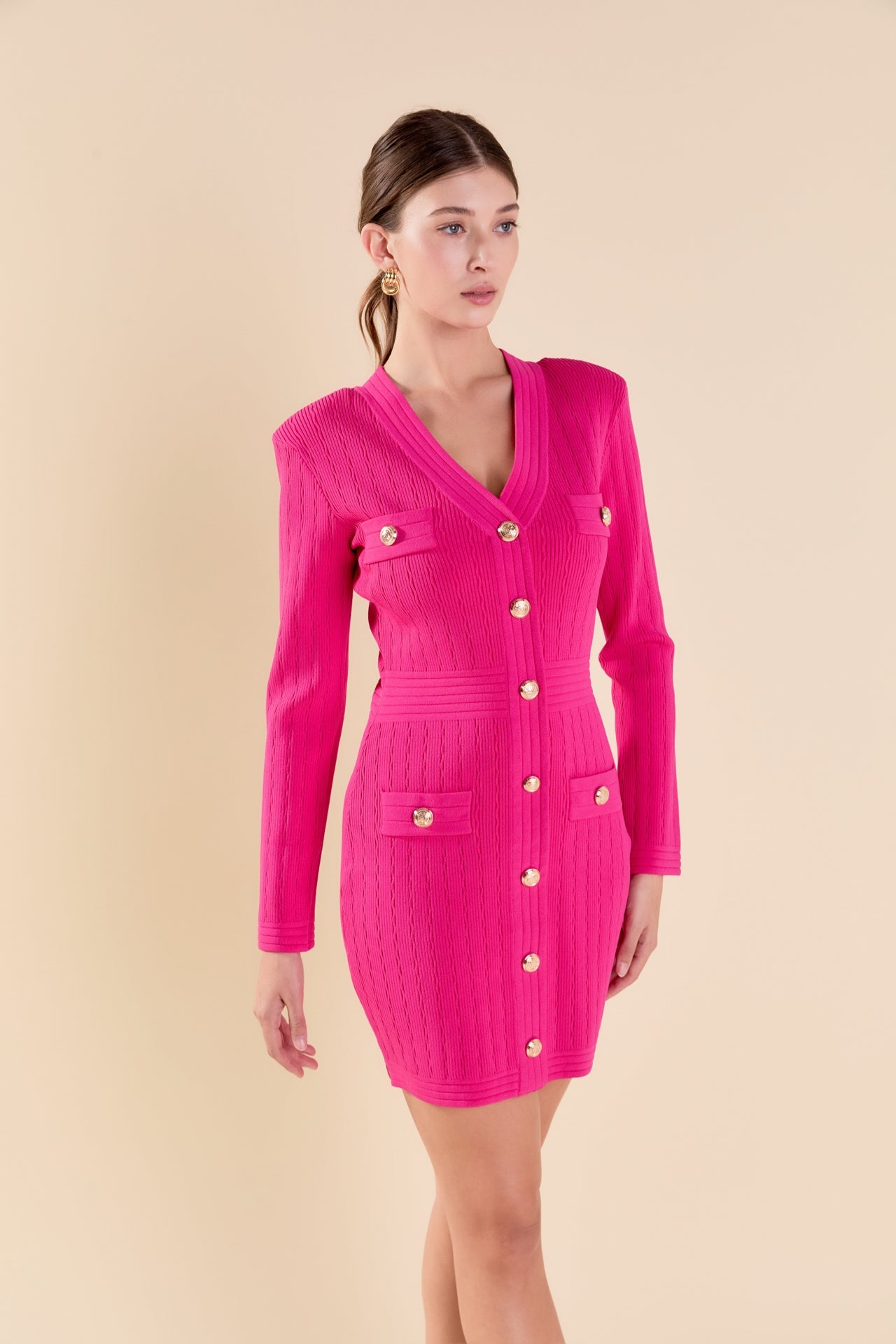 ENDLESS ROSE - V-neck Long Sleeve Knit Mini Dress - DRESSES available at Objectrare