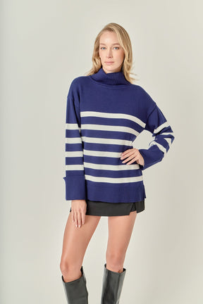 ENGLISH FACTORY - Turtle Neck Stripe Sweater in Navy - SWEATERS & KNITS available at Objectrare