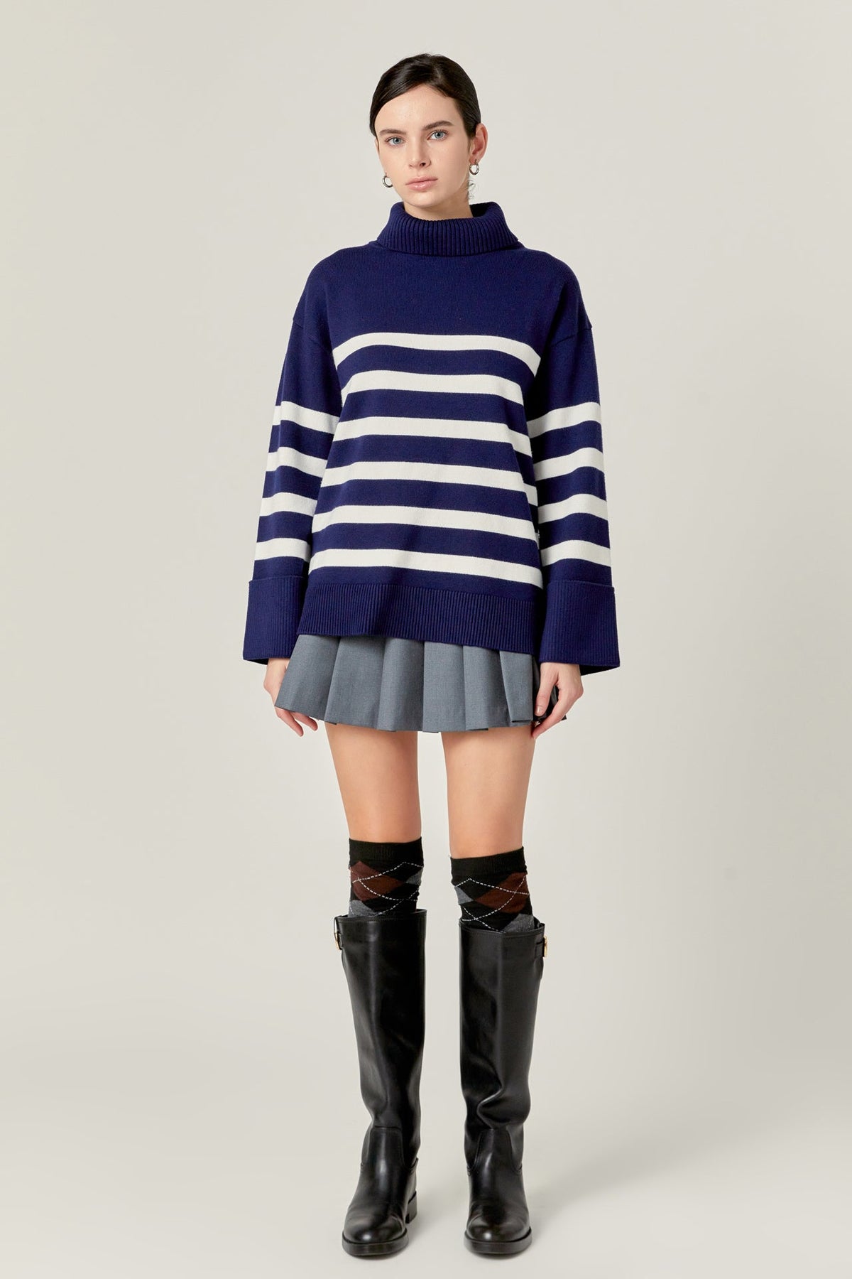 ENGLISH FACTORY - Turtle Neck Stripe Sweater in Navy - SWEATERS & KNITS available at Objectrare
