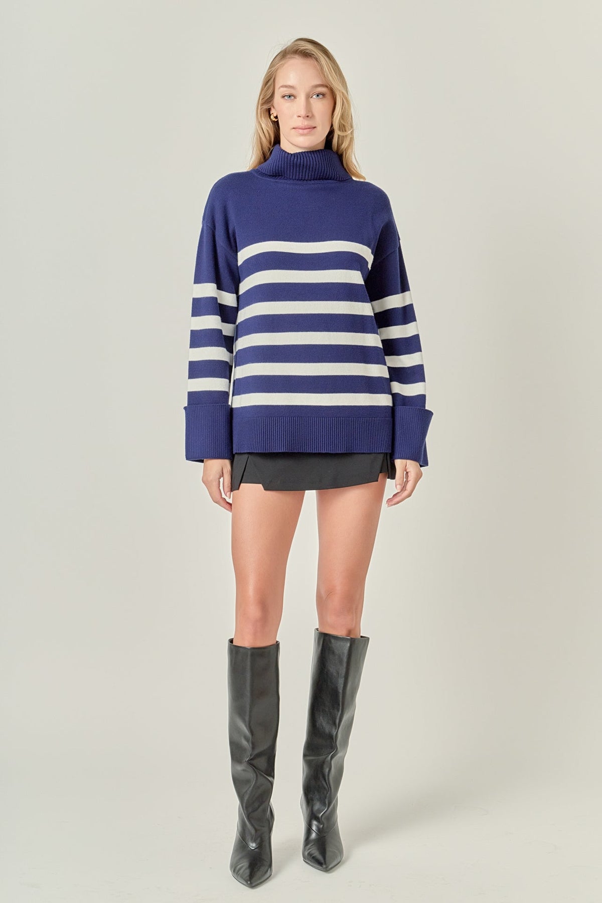 ENGLISH FACTORY - Turtle Neck Stripe Sweater in Navy - SWEATERS & KNITS available at Objectrare