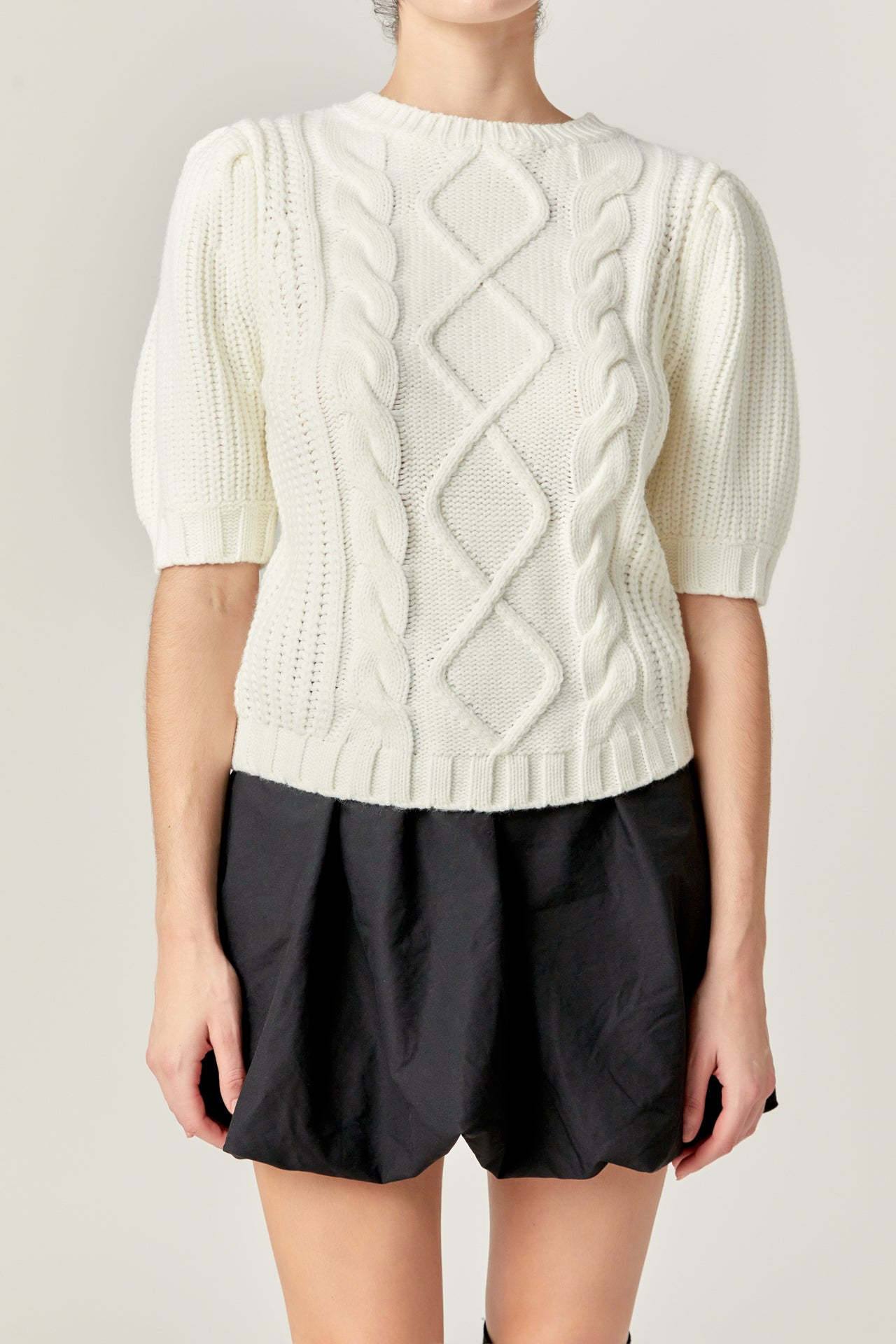 ENGLISH FACTORY - Cable Knit Puff Sleeve Sweater - SWEATERS & KNITS available at Objectrare