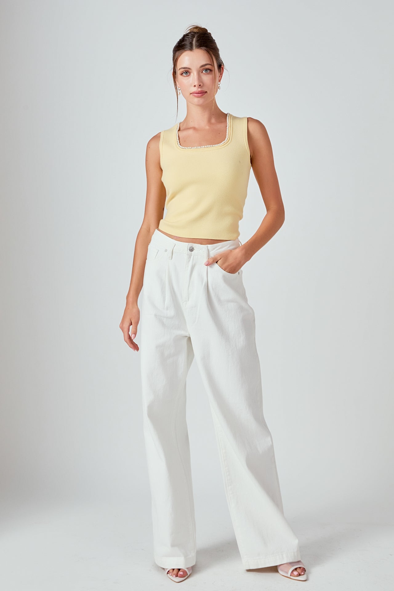 ENDLESS ROSE - Pearl Trim Knit Tank Top - TOPS available at Objectrare