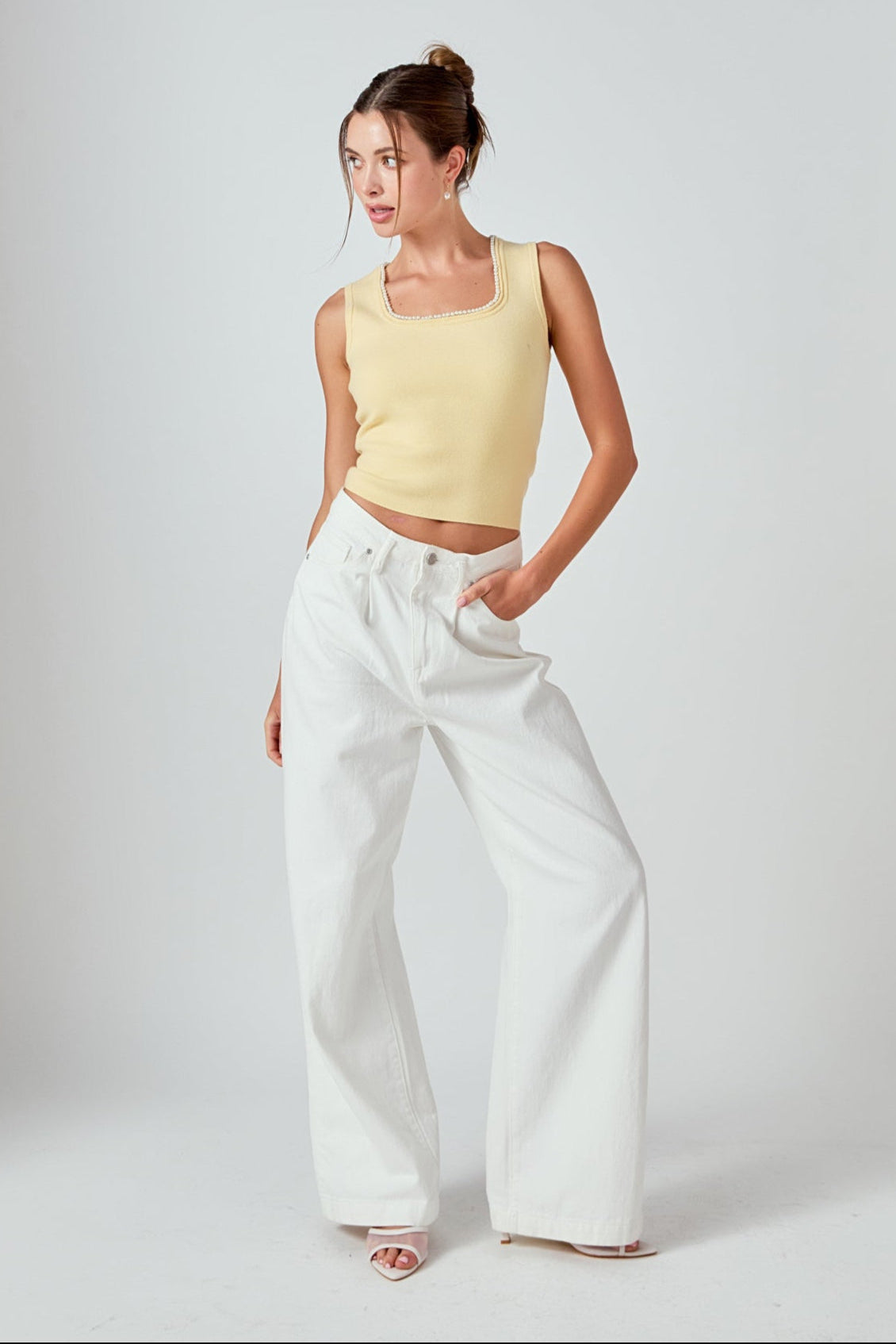 ENDLESS ROSE - Pearl Trim Knit Tank Top - TOPS available at Objectrare